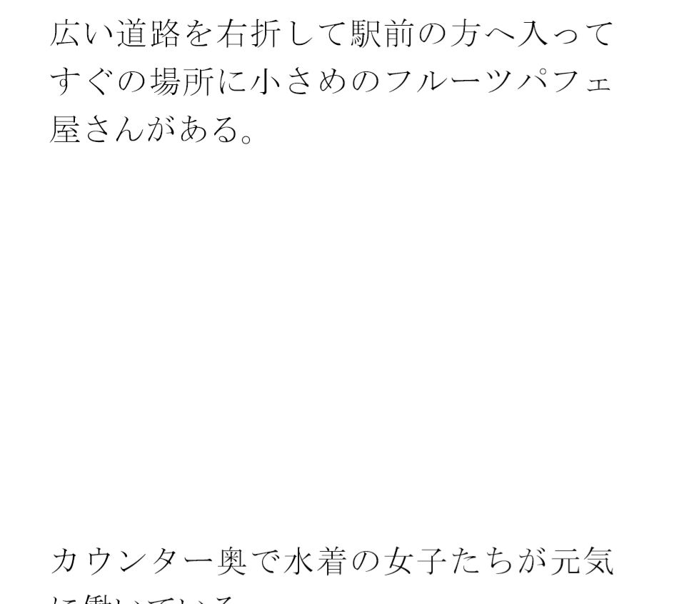 街中のフルーツパフェ屋さん 怪しげな窓とカウンター 店員の女子たちは真っ白下着